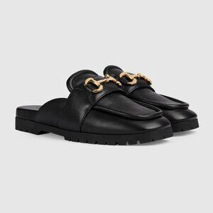 NIB Gucci Ariel black leather horsebit lug sole mules IT 39/ US 9